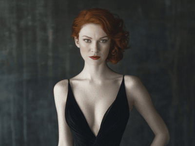 Redhead with porcelain skin wearing a plunge neck black cocktail dress