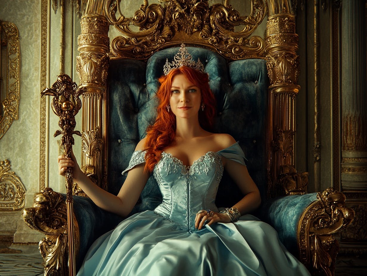 Redheaded woman on a throne, holding a scepter