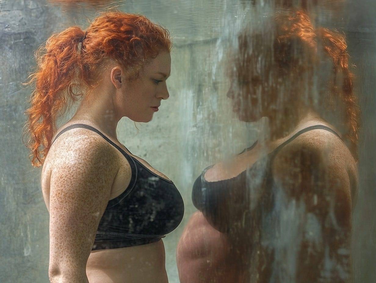 A red-haired woman in a black sports bra stands in profile beside a rain-streaked glass wall, a much heavier reflection of herself visible in the pane.
