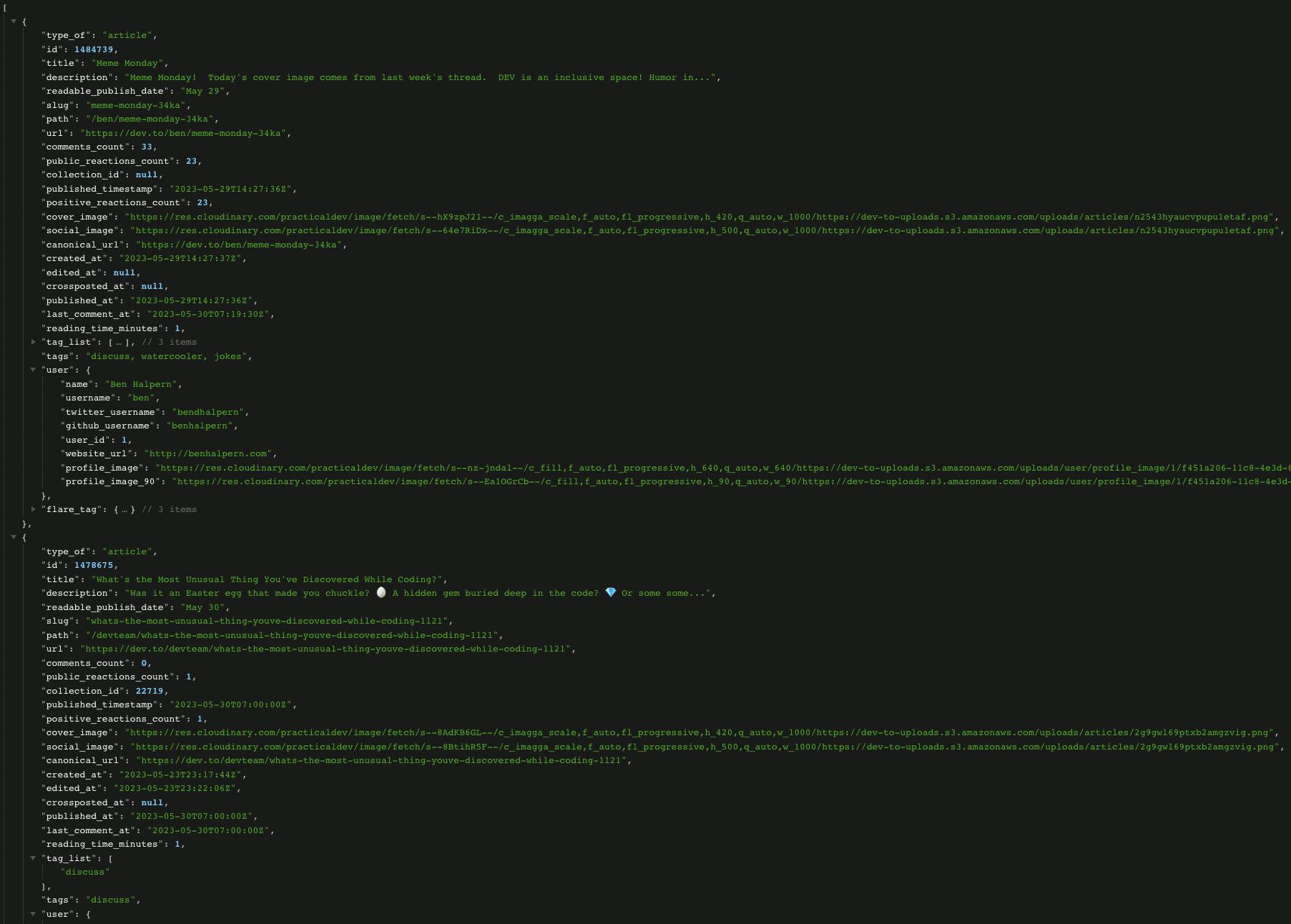 JSON response when querying https://dev.to/api/articles