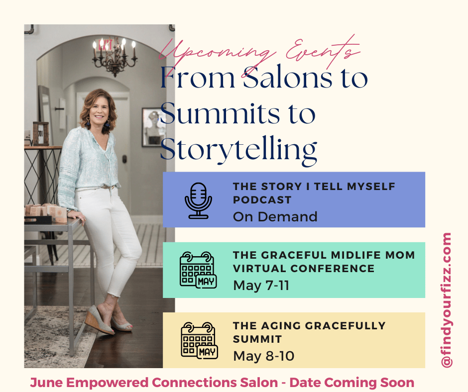 Andrea Bjorkman announces upcoming events: a podcast, two summits in May, and a June Empowered Connections Salon. Graphic includes event dates and FindYourFizz.com.