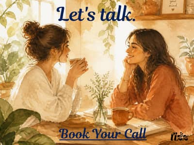 Watercolor illustration of two women sharing a warm conversation over coffee at a cozy table surrounded by plants. Text reads 'Let's talk.' with a 'Book Your Call' link. Find Your Fizz logo in the lower right.