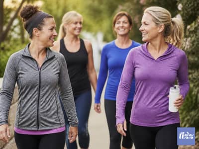 Four women in activewear walking outdoors together, smiling and talking, representing friendship, accountability, and community as part of a healthy lifestyle.