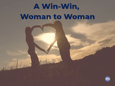 Two women silhouetted against a sunset, forming a heart shape with their arms, with text “A Win-Win, Woman to Woman” and the Find Your Fizz logo.