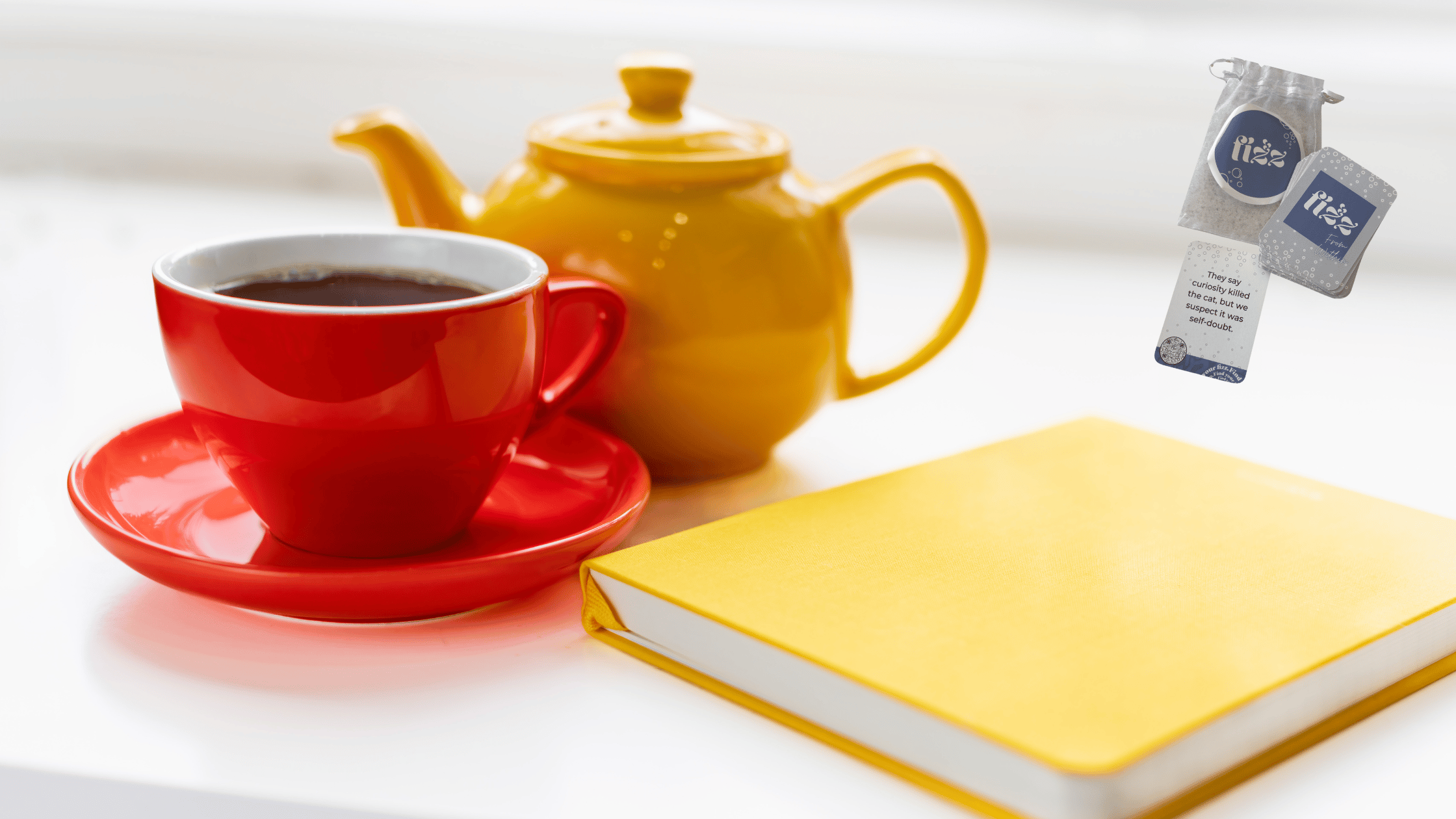 Midlife journaling setup with coffee, affirmation cards, and Find Your Fizz deck for women 40+ career clarity.