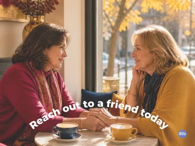 Two smiling women hold hands across a café table with cups of coffee between them, golden autumn trees outside the window, and the words “Reach out to a friend today.”