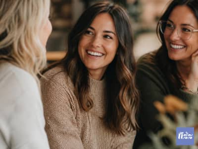 Three women laughing and talking closely together, warm indoor setting, genuine and joyful connection.