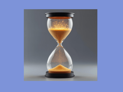 Hourglass with golden sand flowing, glowing with sparkles, set against a soft blue background.