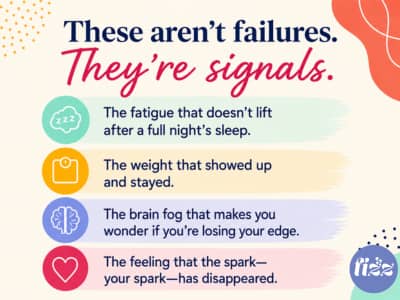 Graphic with the headline “These aren’t failures. They’re signals.” Four illustrated icons highlight midlife body signals: fatigue that does not lift after sleep, weight that showed up and stayed, brain fog that makes you question your edge, and the feeli