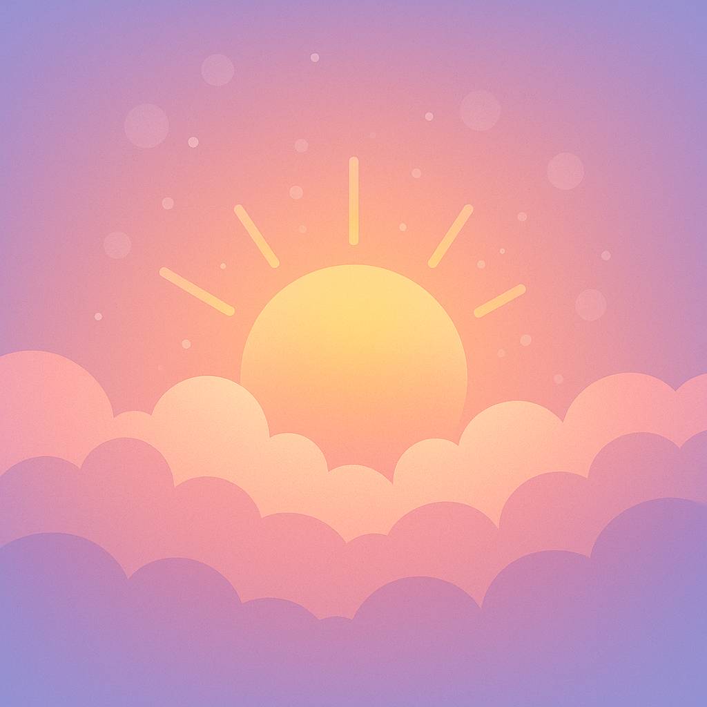 Soft pastel sunrise over pink and periwinkle clouds with gentle sparkles and light bubbles rising in the sky, symbolizing hope, renewal, and new beginnings.