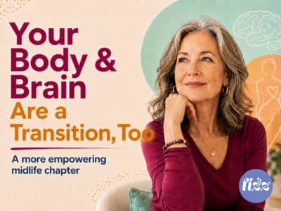 A designed thumbnail with bold text reading “Your Body & Brain Are a Transition, Too” beside a thoughtful midlife woman in a burgundy top, with soft brain and body line art in the background.