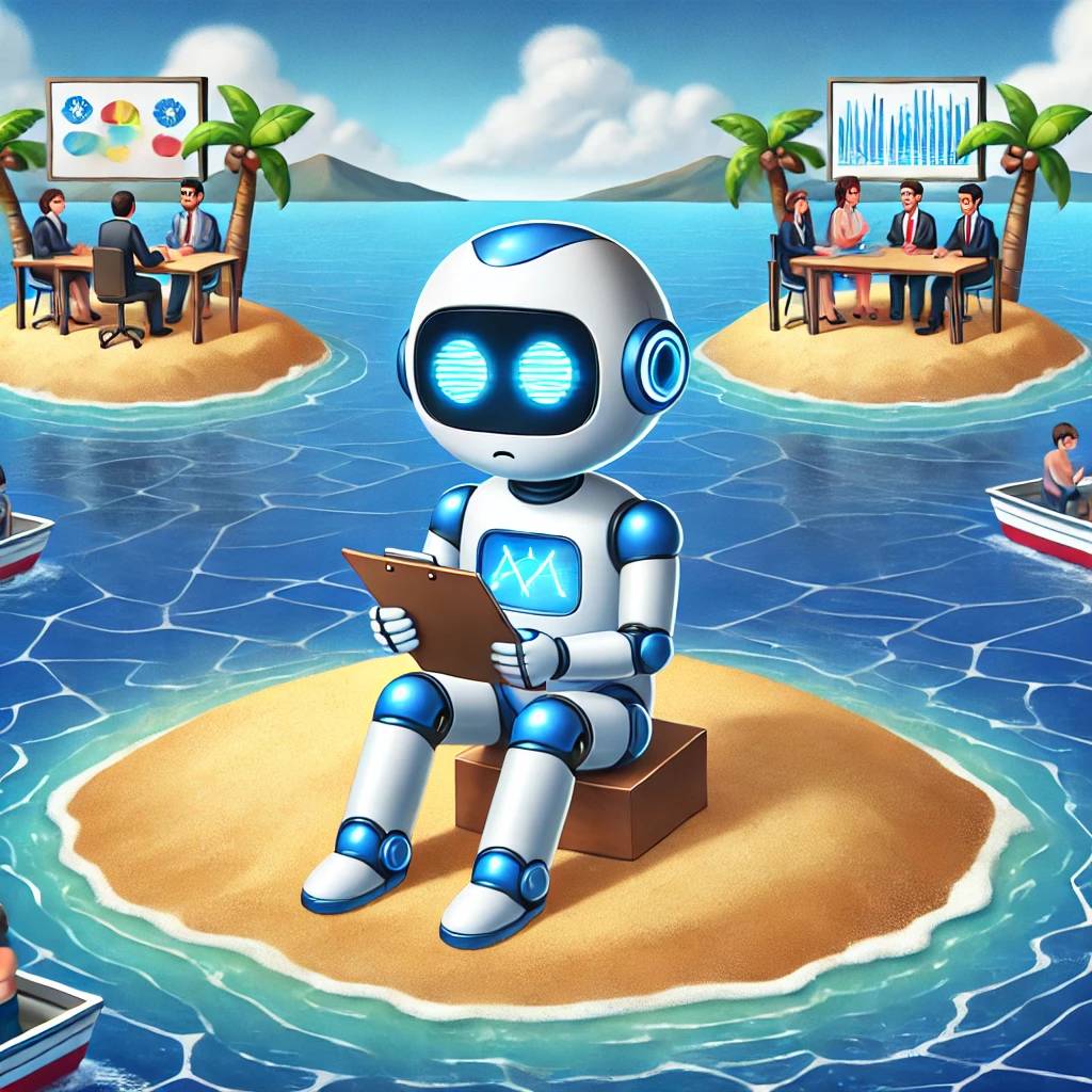 A cartoon-style image of a humanoid AI robot with glowing blue features sitting alone on a small sandy island, holding a clipboard and looking thoughtful. In the background, faraway islands show tiny cartoon businesspeople collaborating and working togeth