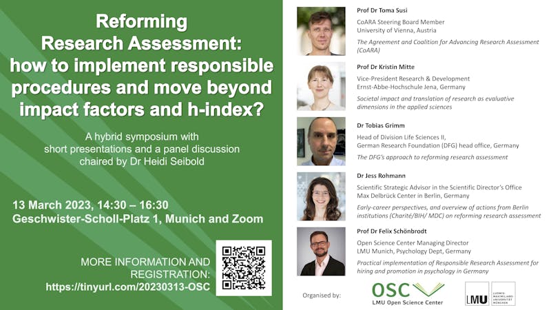Event flyer: Symposium: "Reforming Research Assessment: how to implement responsible procedures and move beyond impact factors and h-index?" (13.03.2023)