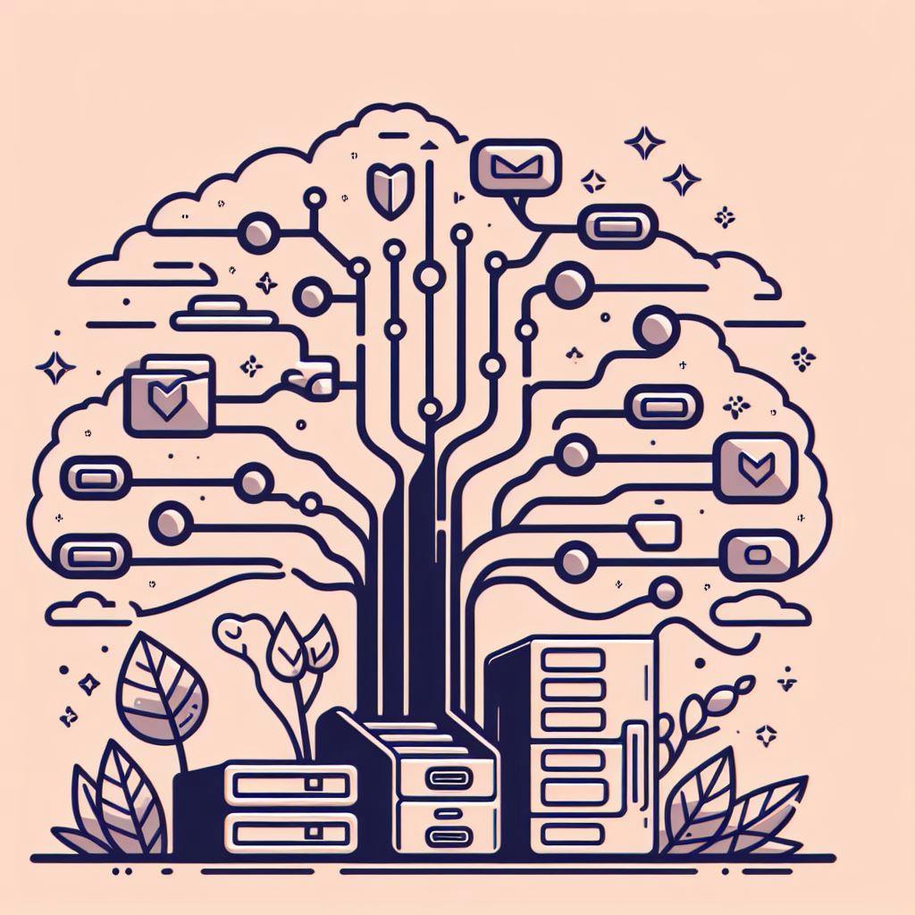 A tree that looks looks like an icon and technical. Instead of leafes it has email and do symbols. In front of the tree is a folder storage and a desktop computer (icon style)