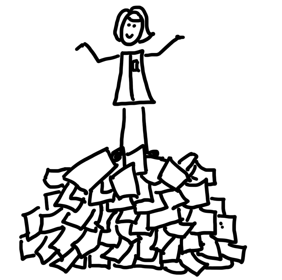 Simple sketch of a researcher standing on a pile of papers.
