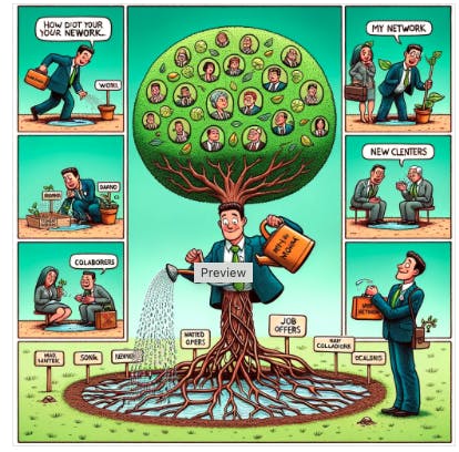 A funny image about how networking takes a long time to pay off. The scene depicts a stick figure standing next to a 'Networking Tree,' which is literally a tree with branches labeled with various professional roles like 'CEO', 'HR Manager', 'Tech Guru', and 'Connector'. The stick figure is watering the tree with a watering can labeled 'Networking Efforts', looking impatiently at a watch on their wrist. Above the tree, instead of fruit, there are small speech bubbles with icons of dollar signs, job offers, and coffee cups, representing the fruits of networking that have yet to drop. In the background, another stick figure is lounging in a hammock tied to the tree, asleep, with a speech bubble dreaming of networking success, suggesting they've been waiting a while. The style is exaggerated and humorous, emphasizing the slow but potentially rewarding process of networking with a playful twist.