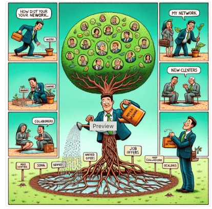 A funny image about how networking takes a long time to pay off. The scene depicts a stick figure standing next to a 'Networking Tree,' which is literally a tree with branches labeled with various professional roles like 'CEO', 'HR Manager', 'Tech Guru', and 'Connector'. The stick figure is watering the tree with a watering can labeled 'Networking Efforts', looking impatiently at a watch on their wrist. Above the tree, instead of fruit, there are small speech bubbles with icons of dollar signs, job offers, and coffee cups, representing the fruits of networking that have yet to drop. In the background, another stick figure is lounging in a hammock tied to the tree, asleep, with a speech bubble dreaming of networking success, suggesting they've been waiting a while. The style is exaggerated and humorous, emphasizing the slow but potentially rewarding process of networking with a playful twist.