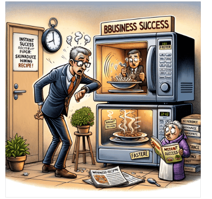 A funny cartoon showing an impatient entrepreneur who can't wait for his business to succeed. The cartoon features a stick figure entrepreneur standing next to a tiny sprout emerging from a pot labeled 'My Business', looking down at it with a giant magnifying glass, showing an expression of impatience. The entrepreneur is tapping their foot rapidly, looking at a watch on the other wrist, which is set to 'Now!'. Speech bubbles coming from the entrepreneur say, 'Grow faster!' and 'Success, where are you?'. Beside the pot, there's a watering can labeled 'Hard Work' and a bottle of 'Instant Success Fertilizer' that looks suspiciously unused. In the background, a calendar with pages flying off illustrates the passage of time, with 'Day 1', 'Day 2', 'Still Day 2?' written on them. The style is exaggerated and humorous, highlighting the entrepreneur's unrealistic expectations and impatience for immediate success.