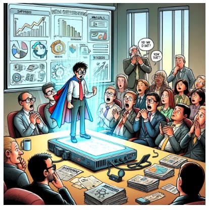 A funny image of a consultant learning new technology to provide better service to his clients. The scene shows a stick figure consultant sitting at a desk overwhelmed by multiple open books, a laptop with code on the screen, and gadgets like a smart speaker, VR headset, and robotic arm. The consultant has a puzzled look but is determined, with 'Tech for Dummies' books scattered around. One hand is on the laptop trying to follow a 'How to Code in 10 Days' tutorial, while the other is accidentally activating the smart speaker, causing it to spout random facts. The VR headset is half-on, showing a virtual meeting with a client who appears amused by the situation. The robotic arm is holding a cup of coffee, but it's pouring the coffee everywhere except the cup. The background includes a calendar marked with client meetings and a clock showing a late hour, emphasizing the crunch time. The style is exaggerated and humorous, capturing the consultant's earnest yet clumsy attempt to keep up with technology for his clients' benefit.