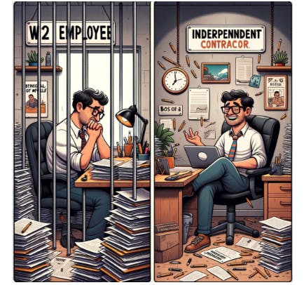 A cartoon showing the difference between an employee and a self-employed freelancer. The cartoon is split into two panels side by side. On the left panel, an employee is depicted in a small, cramped office cubicle, surrounded by stacks of paperwork, looking longingly out of a small window. The employee is dressed in business attire, with a clock on the wall showing the end of a long workday. On the right panel, a self-employed freelancer is shown in a spacious, sunny home office, with a laptop open and a comfortable chair. The freelancer is in casual clothes, with a pet cat lounging nearby, and a cup of coffee on the desk. The freelancer is smiling, working at their own pace with a window open to a beautiful garden view. The style is humorous and exaggerated, emphasizing the freedom and flexibility of the freelancer compared to the restricted and monotonous life of the employee.