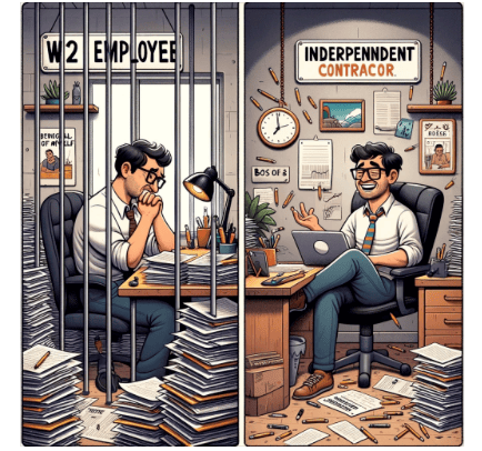 A cartoon showing the difference between an employee and a self-employed freelancer. The cartoon is split into two panels side by side. On the left panel, an employee is depicted in a small, cramped office cubicle, surrounded by stacks of paperwork, looking longingly out of a small window. The employee is dressed in business attire, with a clock on the wall showing the end of a long workday. On the right panel, a self-employed freelancer is shown in a spacious, sunny home office, with a laptop open and a comfortable chair. The freelancer is in casual clothes, with a pet cat lounging nearby, and a cup of coffee on the desk. The freelancer is smiling, working at their own pace with a window open to a beautiful garden view. The style is humorous and exaggerated, emphasizing the freedom and flexibility of the freelancer compared to the restricted and monotonous life of the employee.