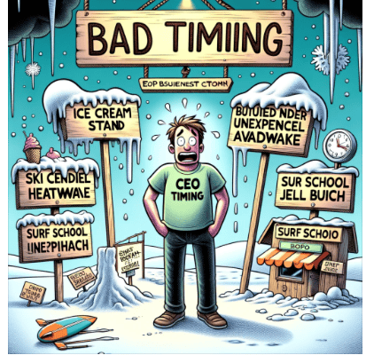 A cartoon depicting a humorous scene where a business owner is attempting to hire a new employee, but the timing is completely off. The setting is inside a bustling office, filled with chaotic yet comical situations that make it clear why it's the wrong time. The business owner is eagerly holding out a contract and a pen to a prospective employee, who looks bewildered by the madness around them. In the background, employees are chasing after papers flying around from an overturned fan, another is spilling coffee on a crucial computer, and one is accidentally setting off a fire alarm causing a sprinkler system to drench the office. The prospective employee's expression is a mix of amusement and horror, clearly thinking it's not the right time to join. The style is colorful, exaggerated, and filled with slapstick humor, making it evident that the chaotic office environment is the main barrier to hiring.