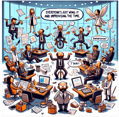 A humorous illustration depicting the concept of 'everyone is just winging it.' The scene shows a group of stick figures in various professional attire, like business suits and lab coats, all with makeshift wings strapped to their backs. They're all trying to 'fly' in different clumsy and funny ways - some are running with arms flapping, others are jumping off small stools, and a few are just standing puzzled with their wings. The image is light-hearted, exaggerating the idea that in all professions, people are improvising and learning as they go, symbolizing the universal experience of 'winging it' in a whimsical and funny way.