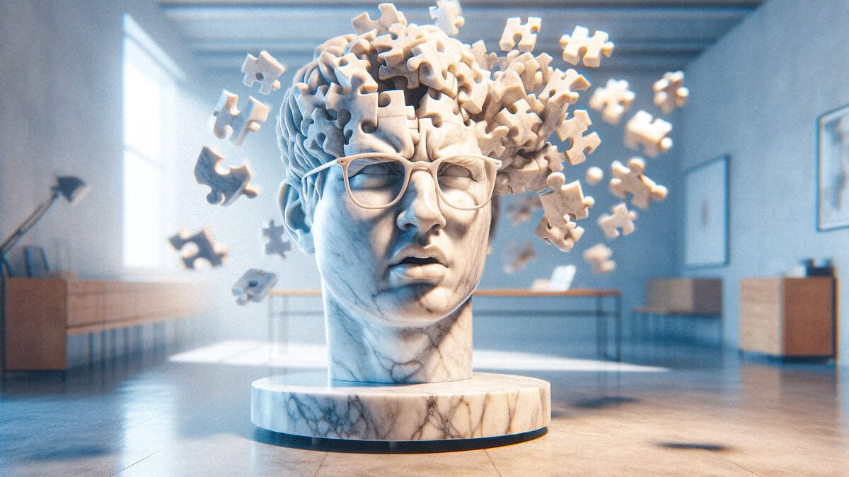 A digital artwork featuring a bust of a human head and upper torso rendered in white marble. The sculpture is highly stylized, with puzzle pieces floating and detaching from the head, suggesting a complex or possibly disassembling mind. The figure wears r