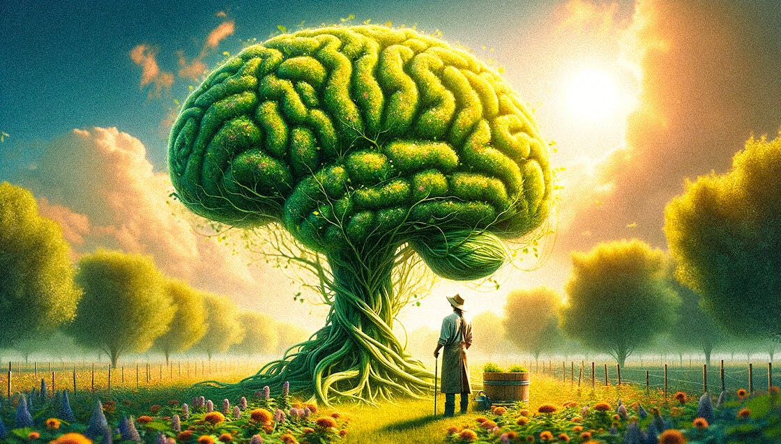 An imaginative landscape with a large tree resembling a green human brain, with a man in a hat standing beside it, looking at the lush scene under a sunny sky.