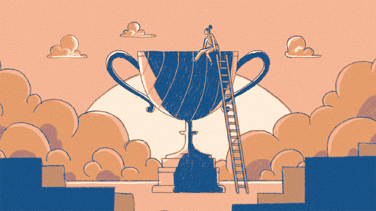 Illustration of a large trophy that is backlit by the sun. A small person sits with legs dangling off the ledge of the trophy, perched at the highest point. A tall ladder leans up against the right side of the trophy.