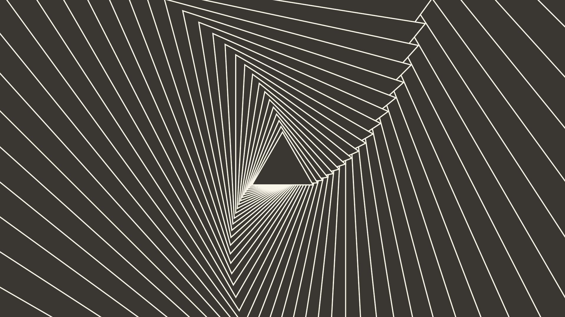 A black and white abstract design featuring a triangle, outlined in white, at the center of the screen, with several larger triangles radiating outward from it.