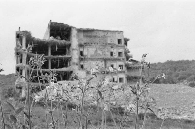Ruined building with overgrown vegetation and debris