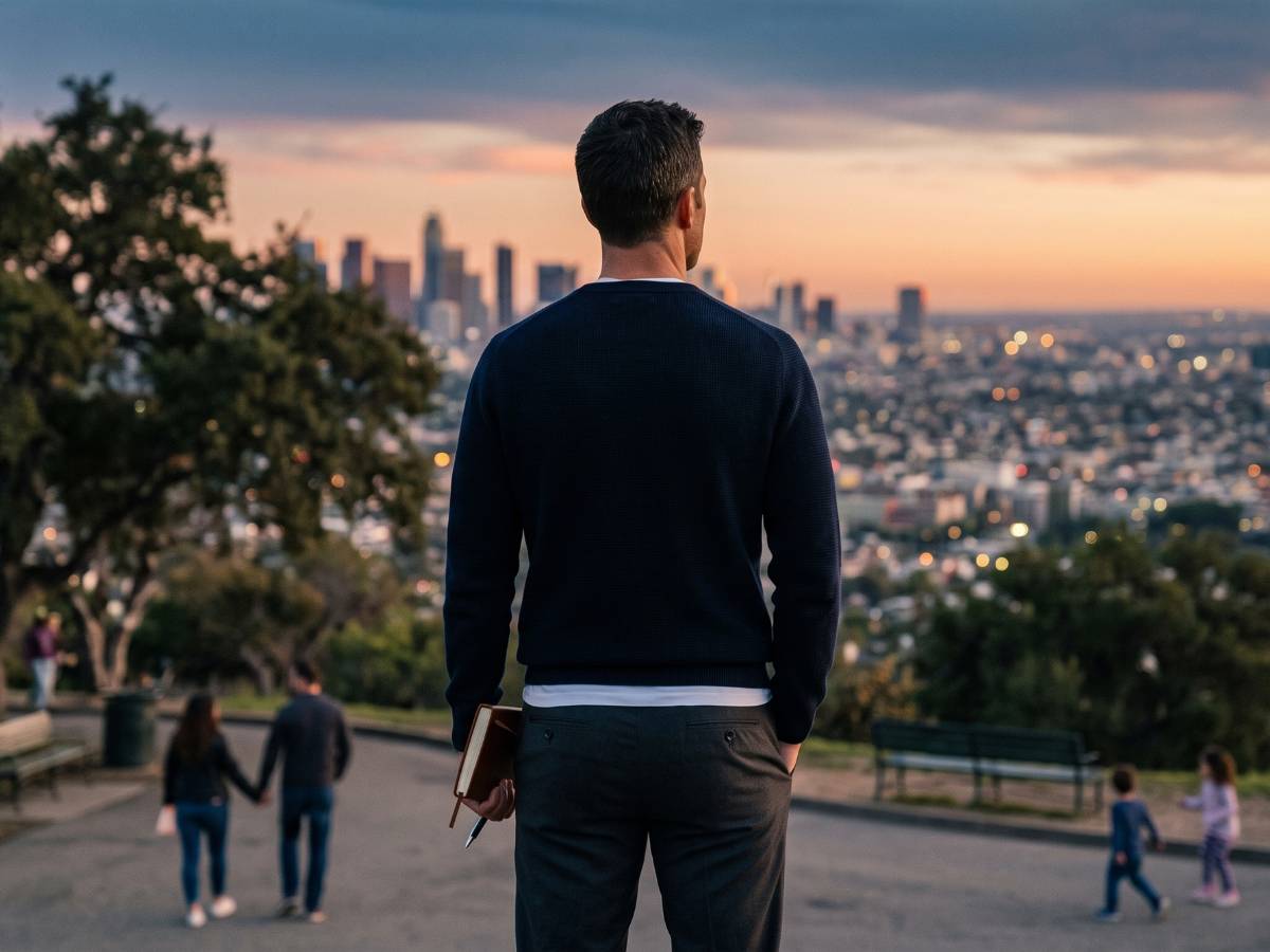 A 40-year-old man seen from behind holding a journal, overlooking a city park at sunset, symbolizing identity transformation, reflection, and positioning for future relationships.