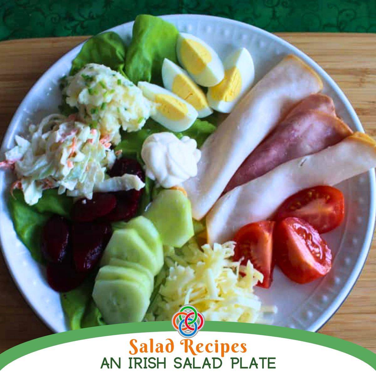 A plate with a cold cuts, lettuce, boiled eggs, tomatoes, and vegetables over a text bannr.