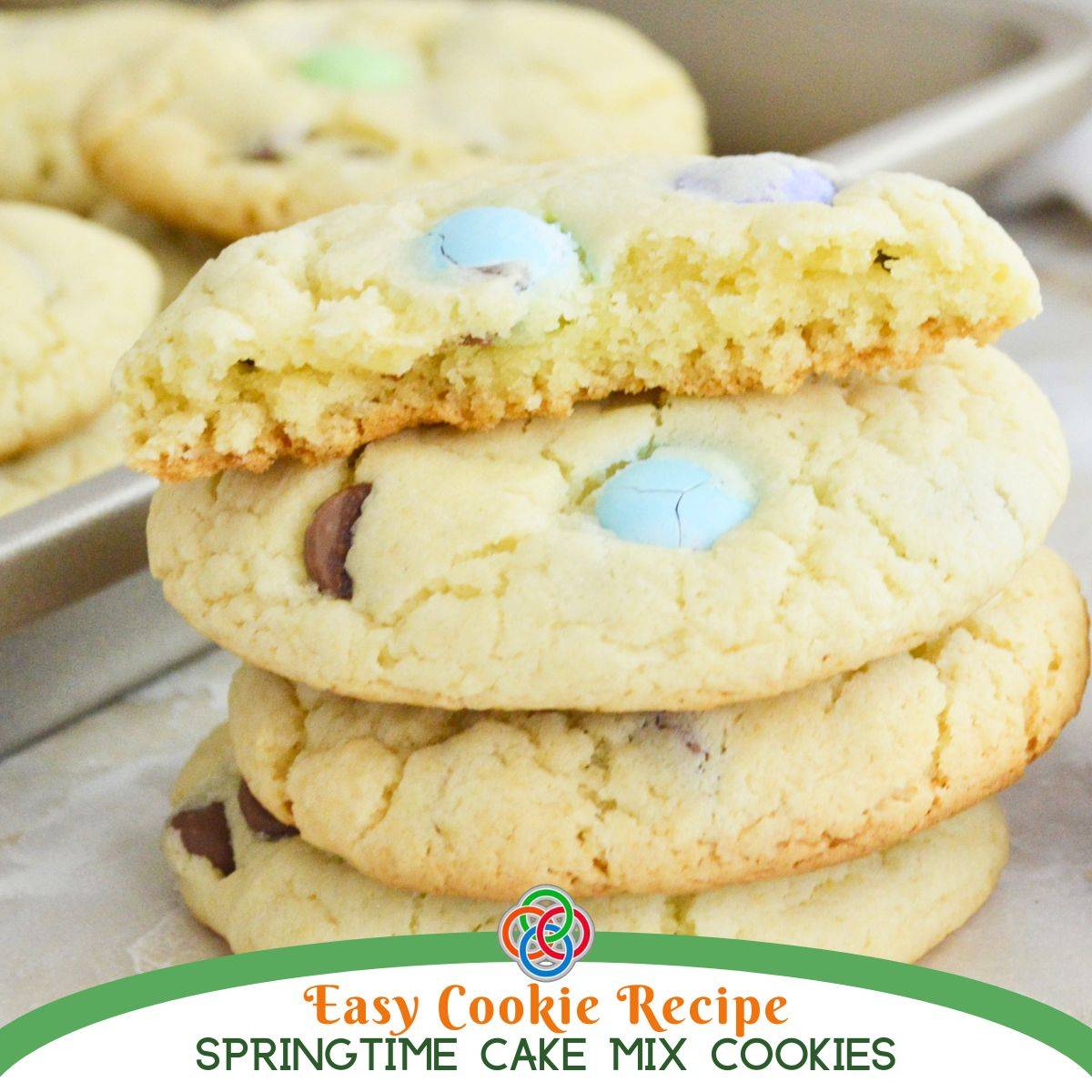 Stack of cookies over a text banner.