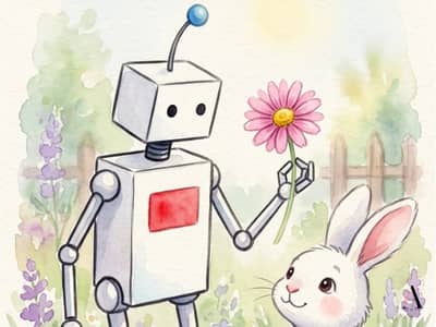 watercolor graphic of a robot holding a pink daisy in a field with a bunny rabbit