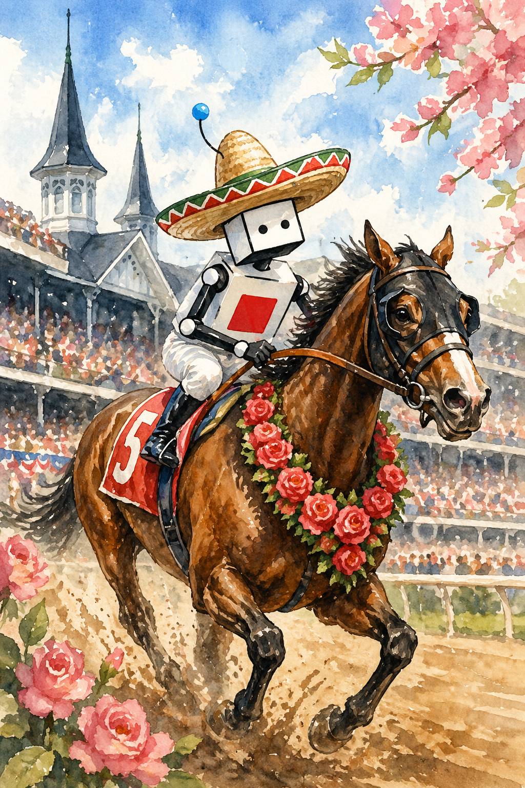 watercolor illustration of a robot Jockey on Kentucky Derby horse