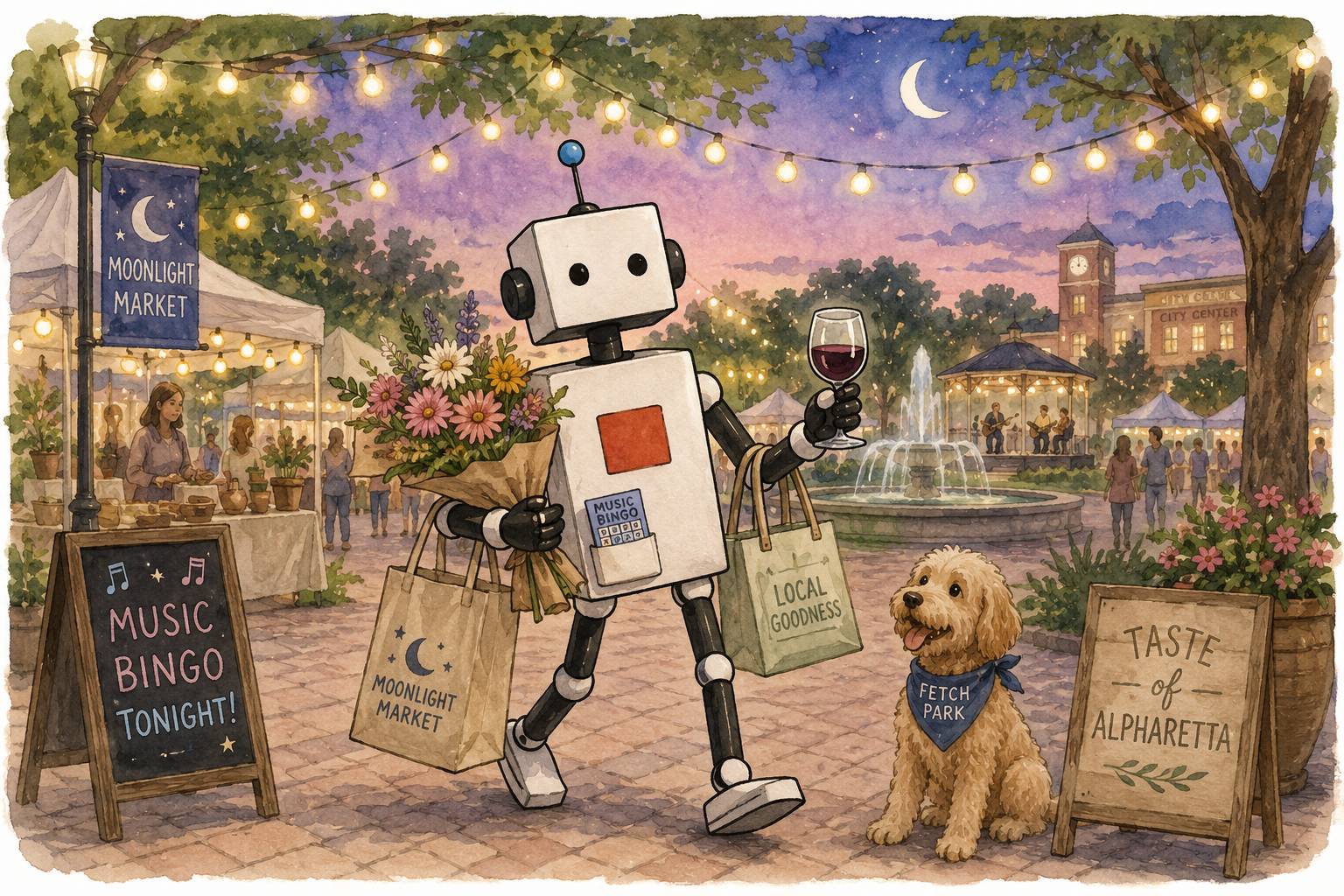 watercolor graphic of Alphie the Alpharetta mascot on a market stroll