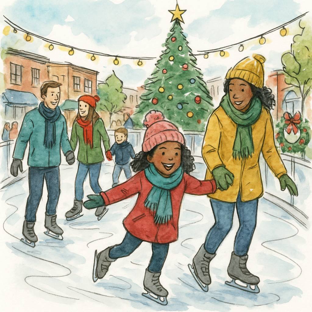 A wtercolor illustration of diverse families ice skating during the holidays, image by A Side Creative