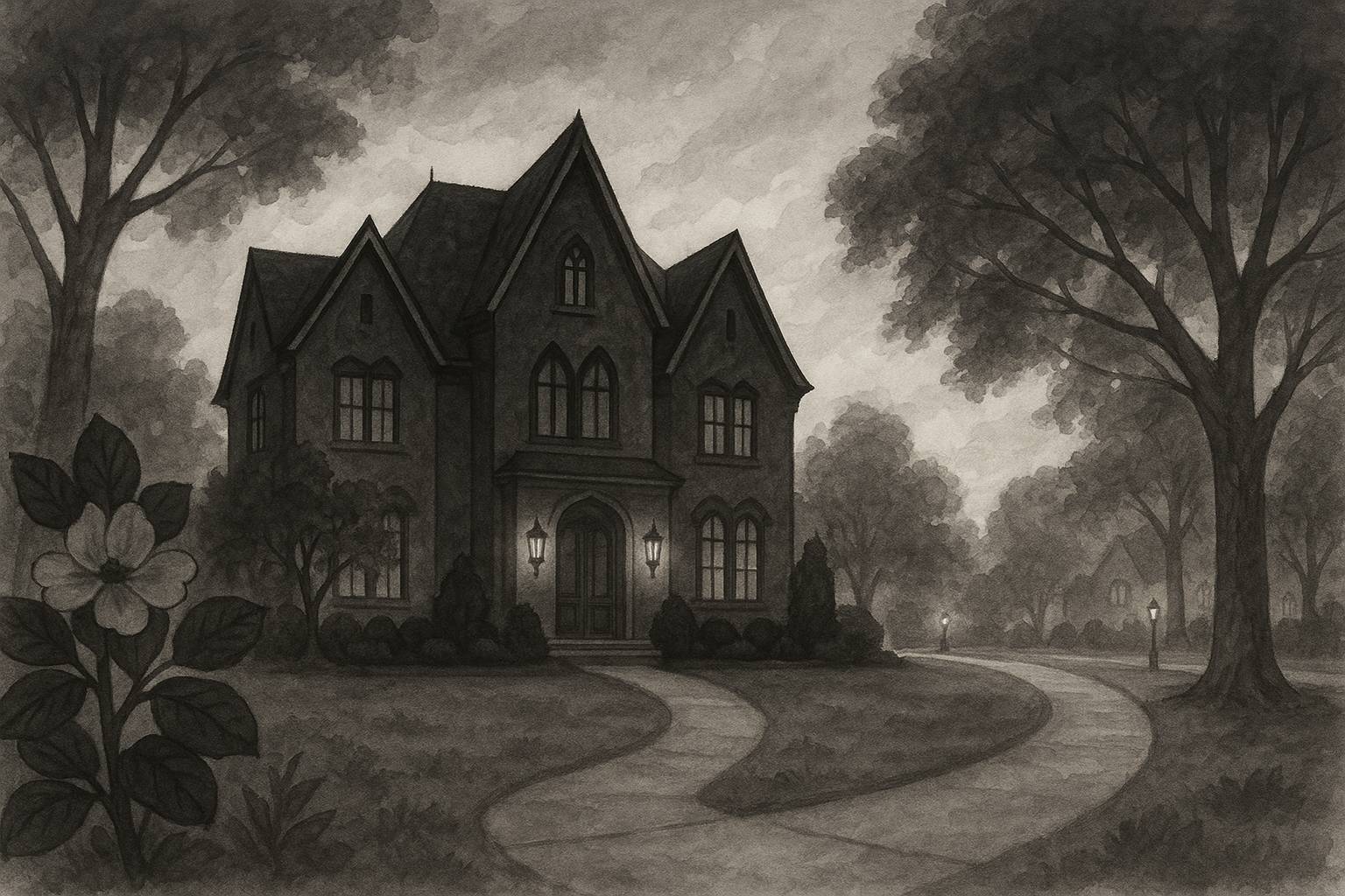 black and white water color technique of a modern suburban gothic house in Alpharetta, GAe