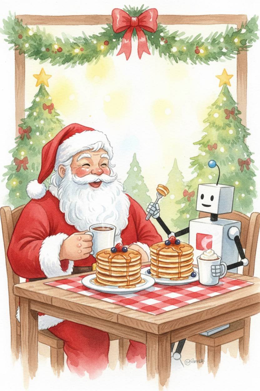 A watercolor graphic of Santa having breakfast with Alphie, the Alpharetta mascot.