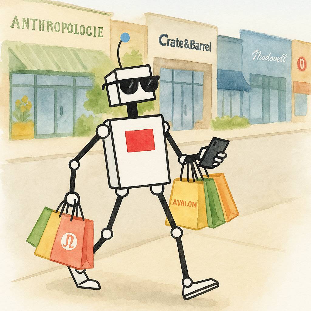 watercolor image of Alphie, The Alpharetta robot mascot with shopping bags on the Boulevard at Avalon