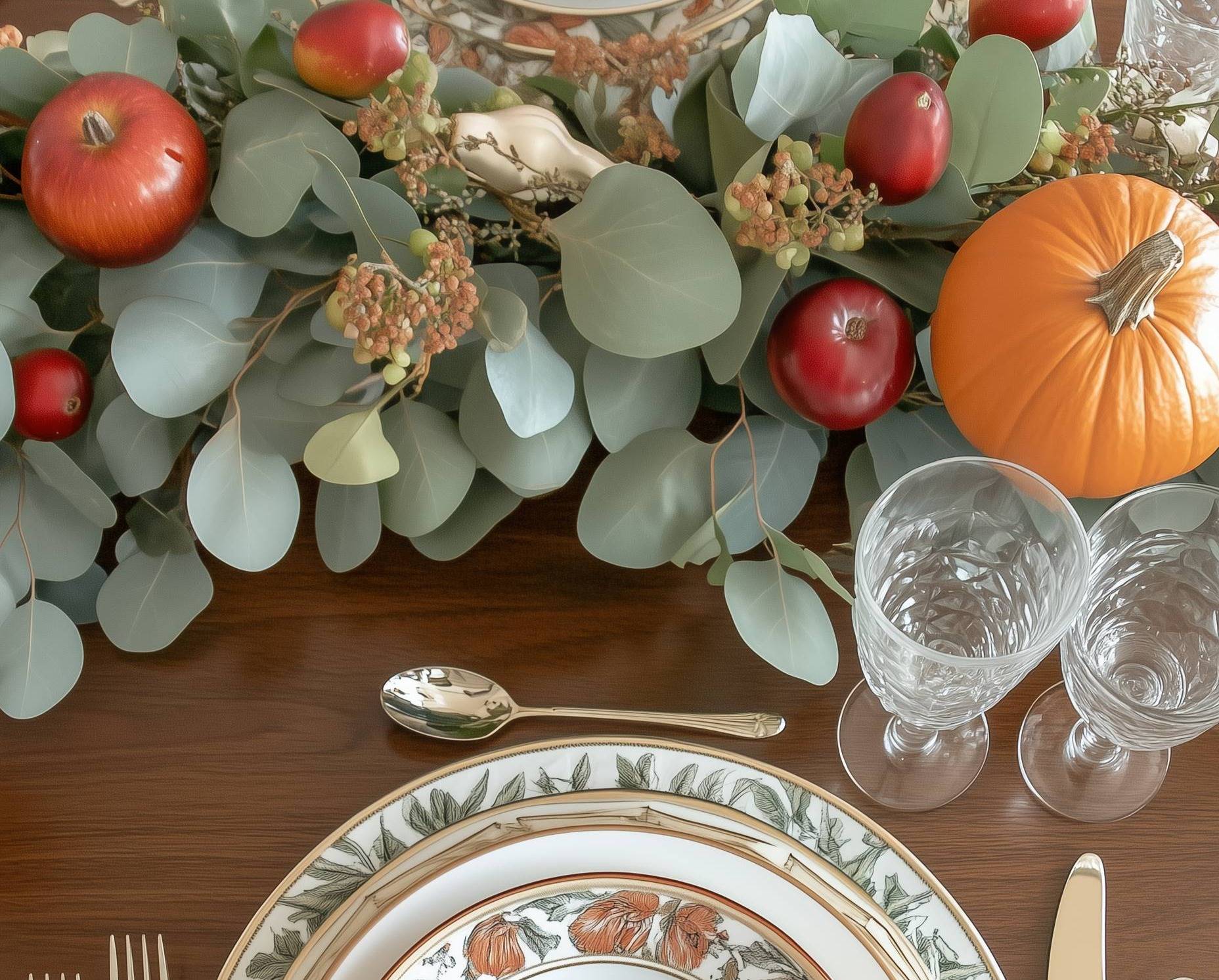 a Thanksgiving place setting on a wood table with decor