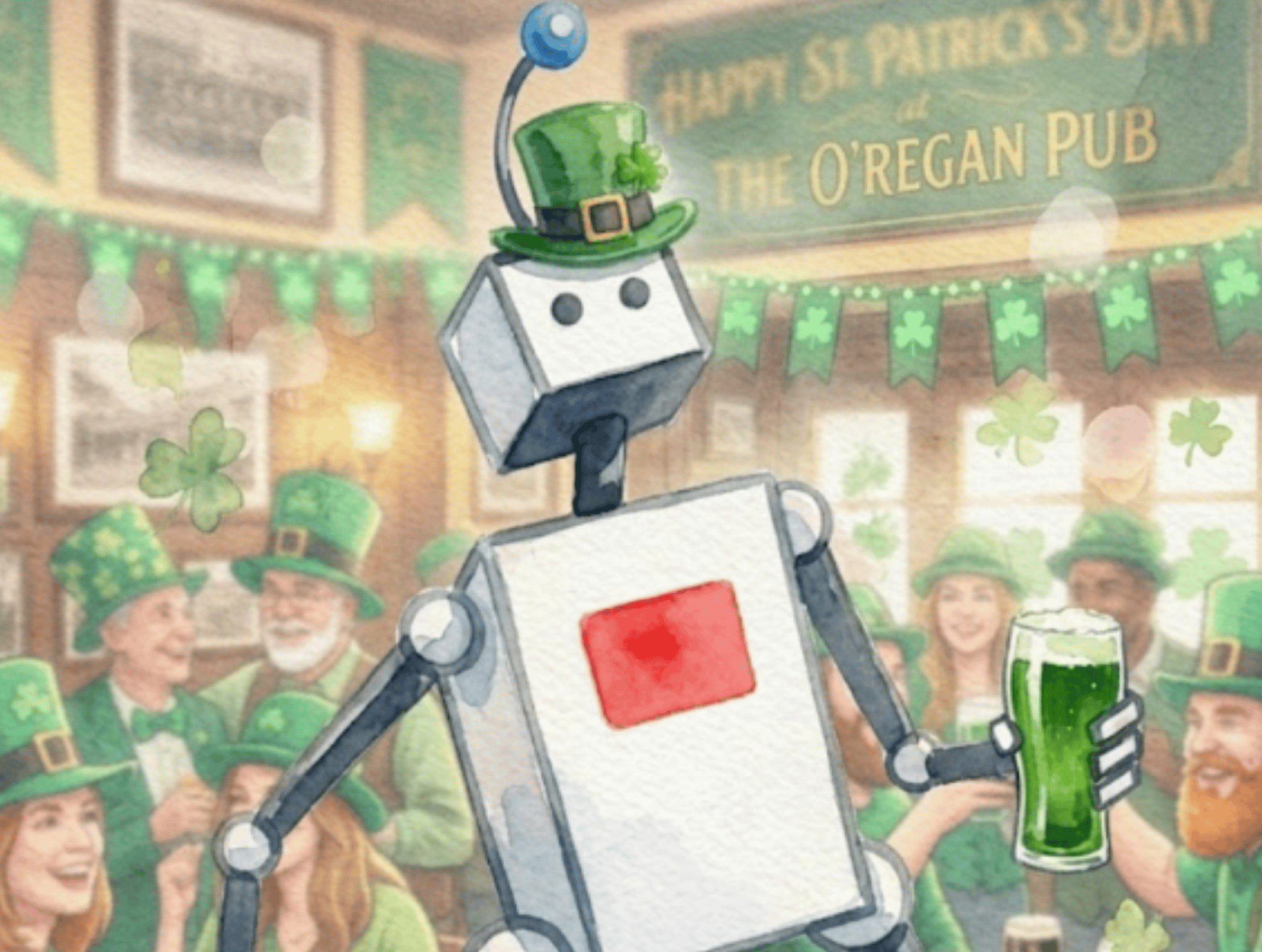 watercolor illustration of Alphie with a green beer on St. Patricks Day 