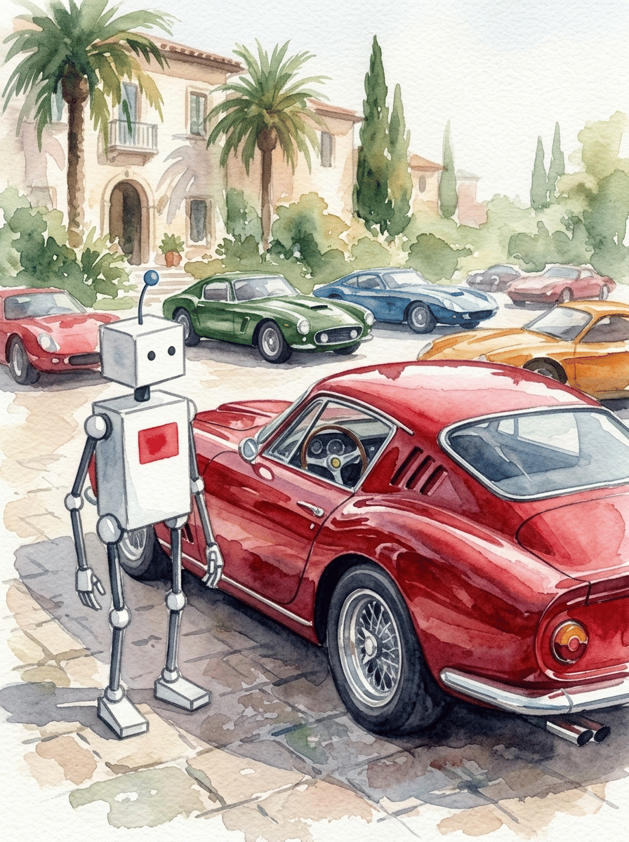 This is Alphie, Alpharetta's robot mascot, standing next to a fancy red sports car in the foreground and in the background are other sports cars. Watercolor style