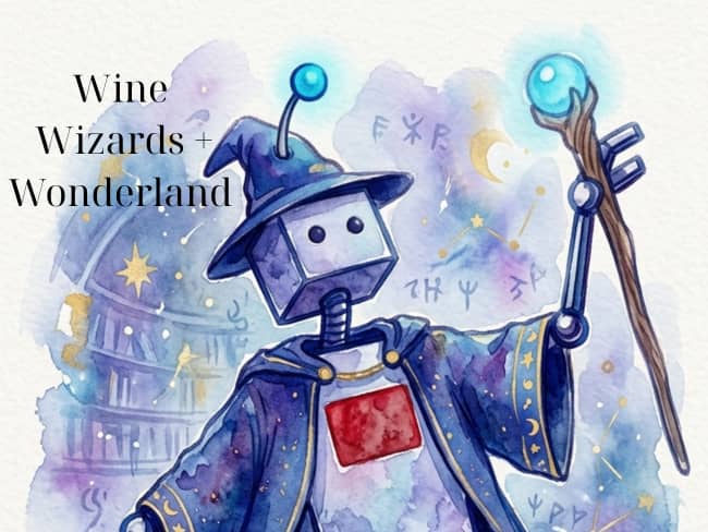 Alphie, The Alpharetta bot, mascot dressed as a wizard watercolor graphic