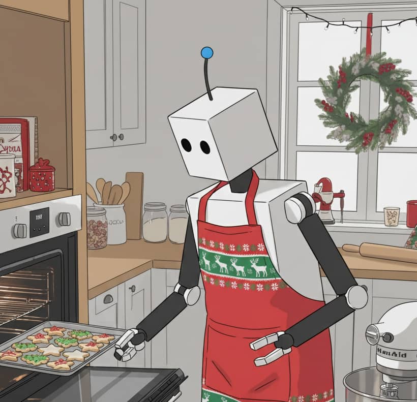 Alphie, Alpharetta's digital robot mascot is baking holiday cookies illustration line drawing.