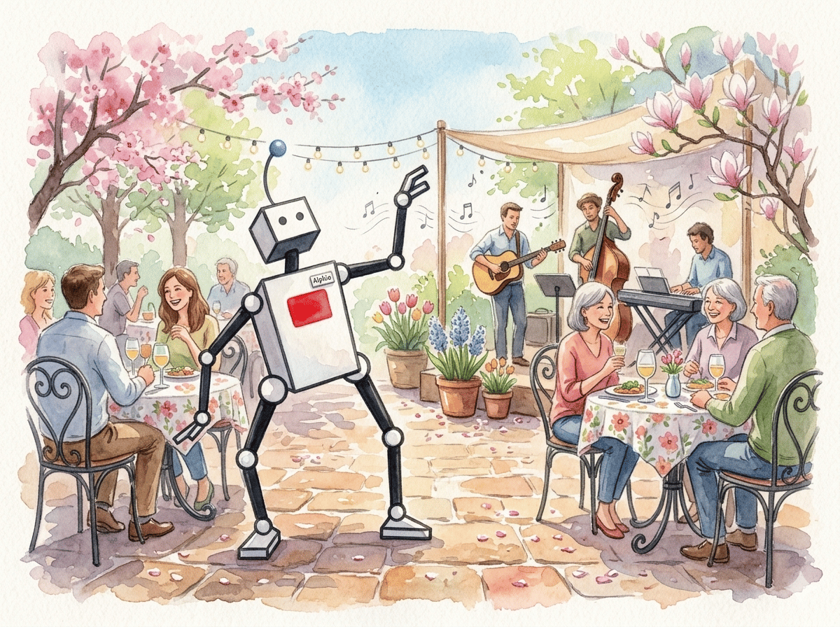 water color illustration of a robot dancing on an outdoor patio to a band in spring