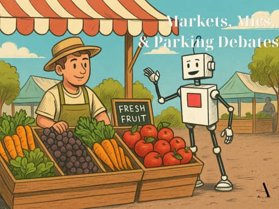 Graphic illustration of a friendly robot at the farmers market