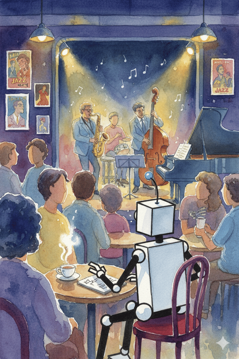 Alphie, The A Side of Town mascot sitting in a jazz cafe. watercolor rendering